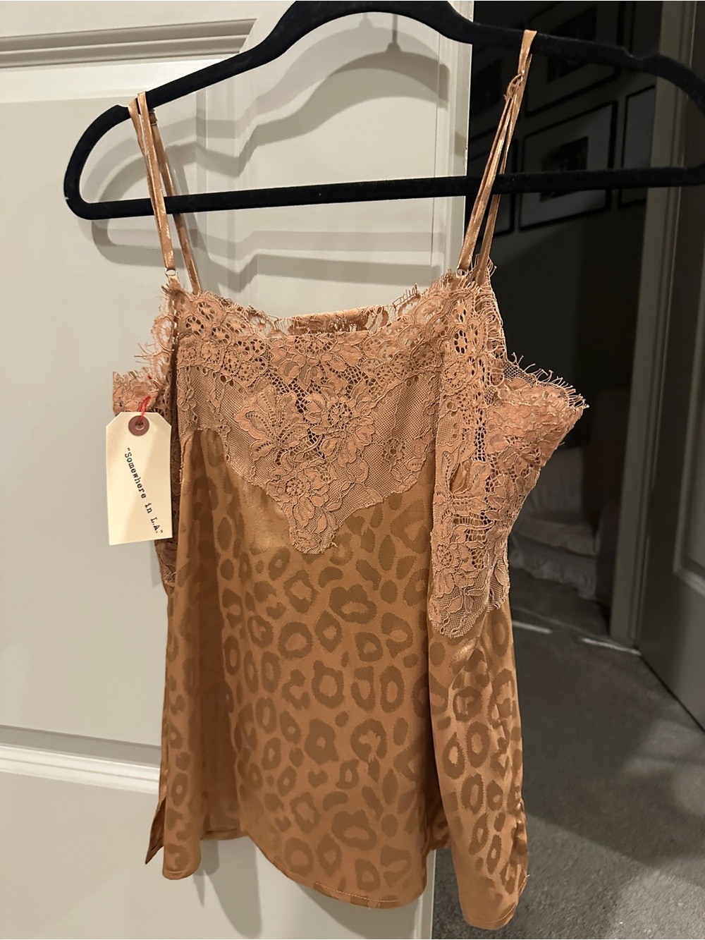 Somewhere in L.A. Lace Trim Satin top— Blush Tan